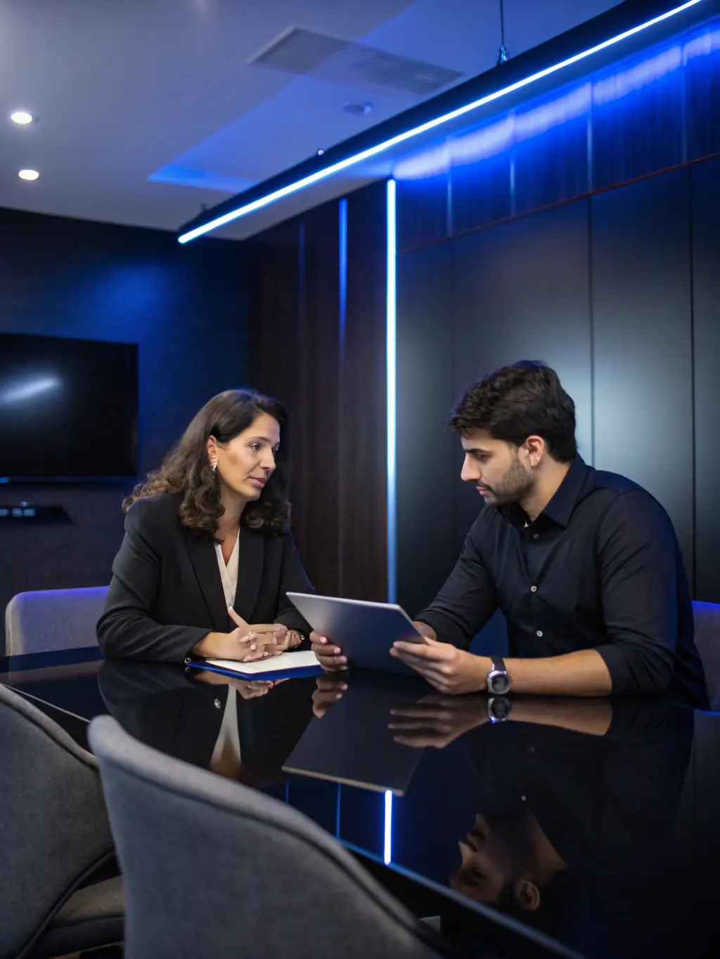 A photograph of Phone System Atlanta sales representatives consulting with a client in a modern office setting, discussing phone system options.