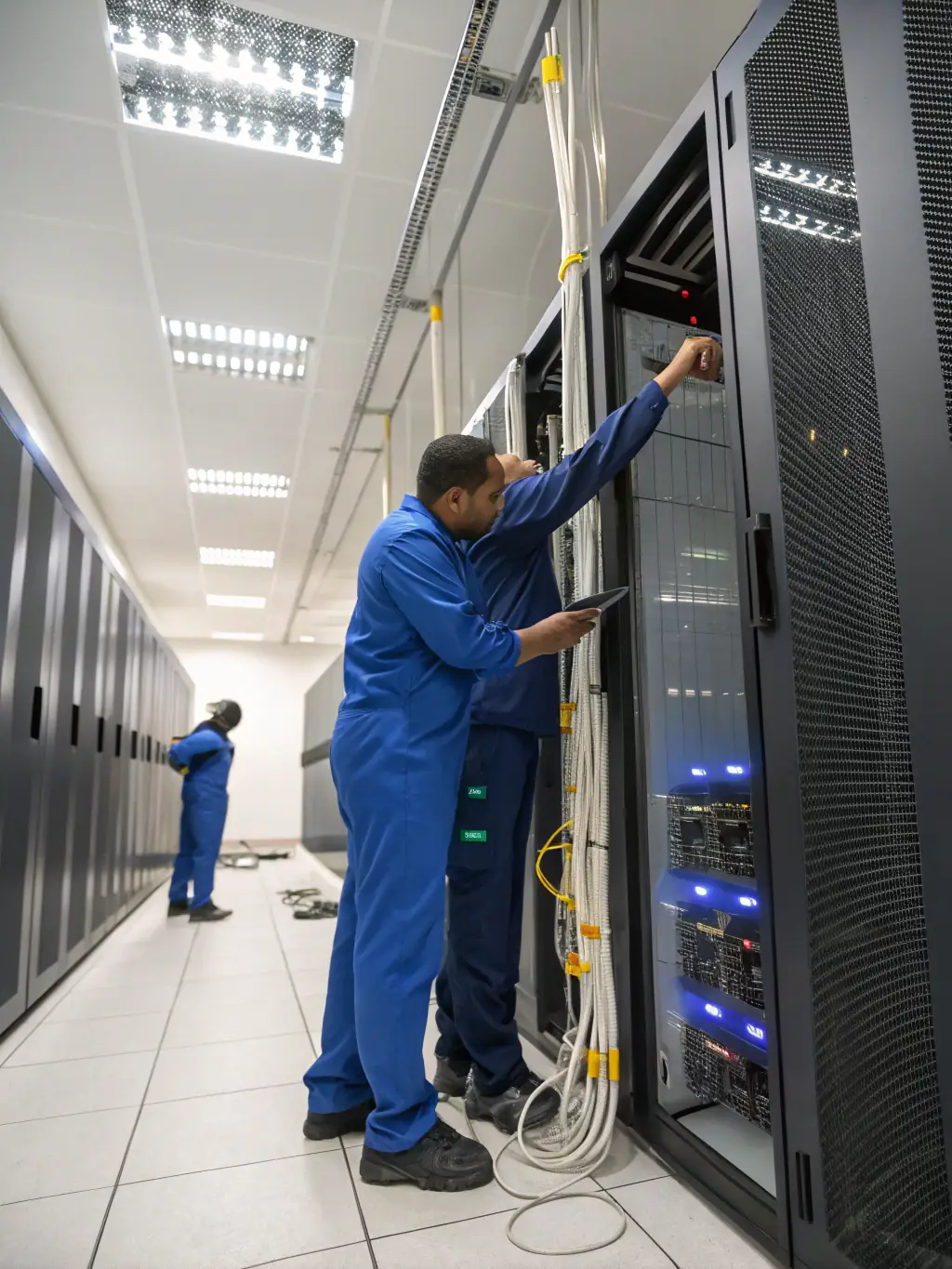 An image depicting technicians installing a business phone system in a server room, highlighting the professional installation services offered by Phone System Atlanta.