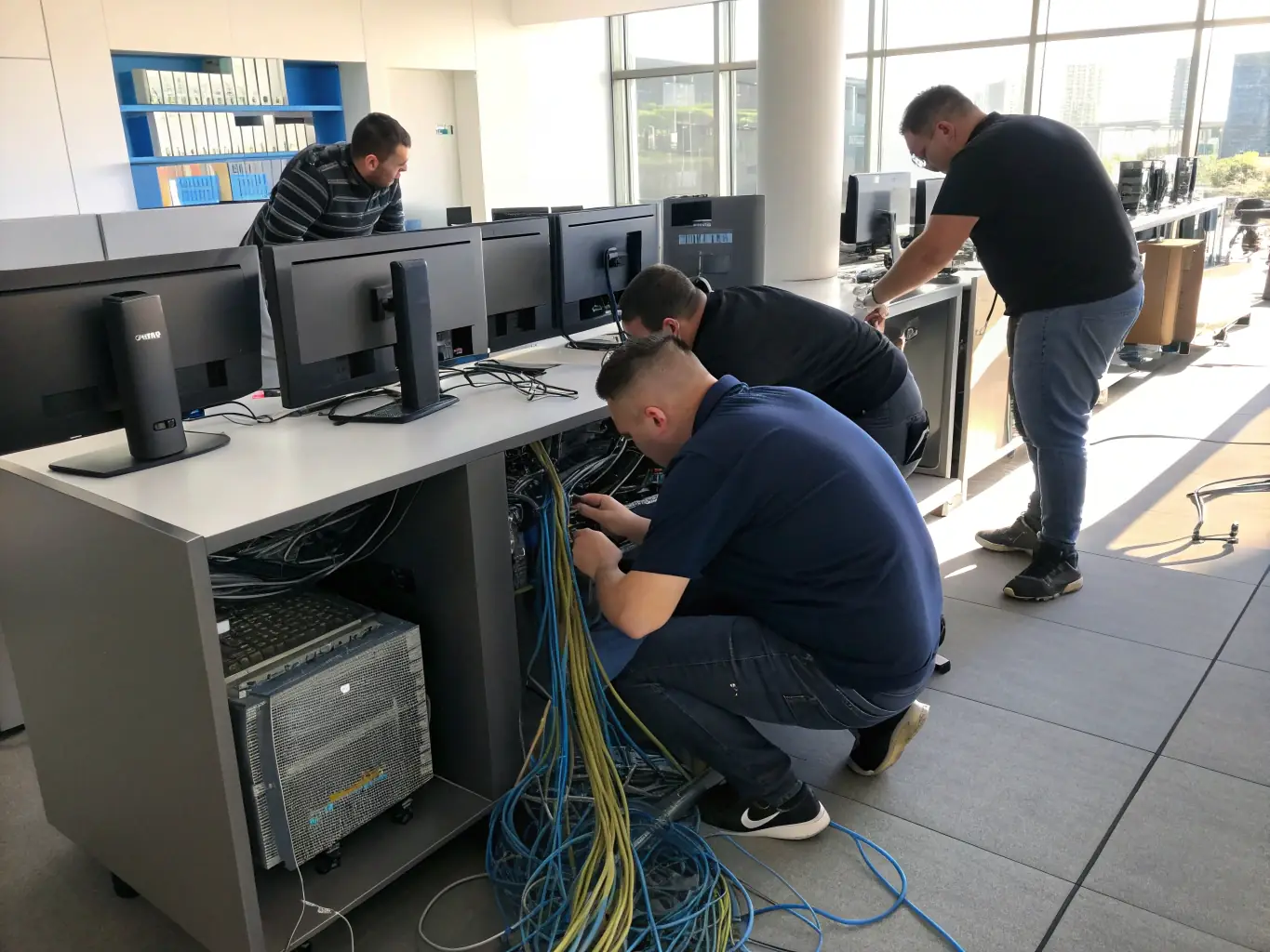 A modern office setting with Phone System Atlanta technicians installing a new business phone system, showcasing the seamless integration and professional service provided.