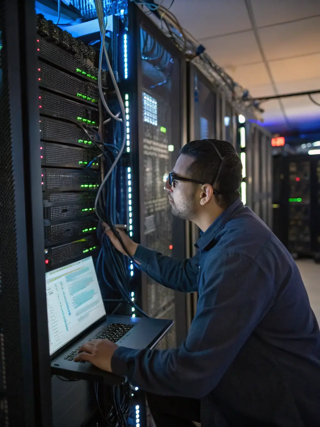 A technician troubleshooting a phone system in a server room, focused on diagnosing a network issue.