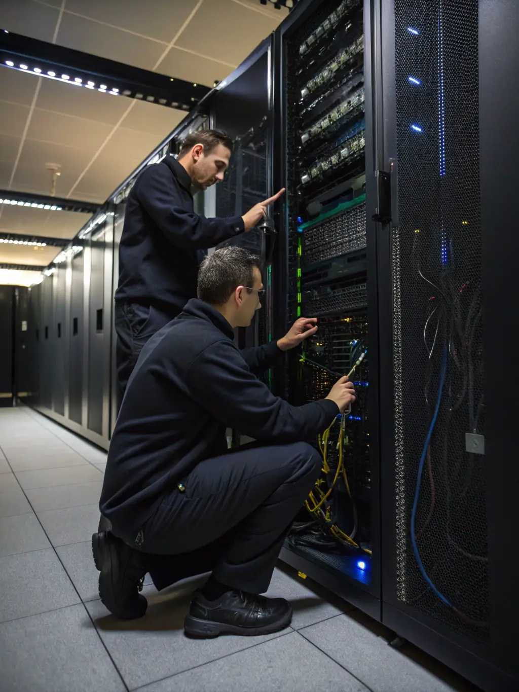 A team of certified technicians working on a complex phone system installation in a server room, emphasizing the expertise and professionalism of the team.