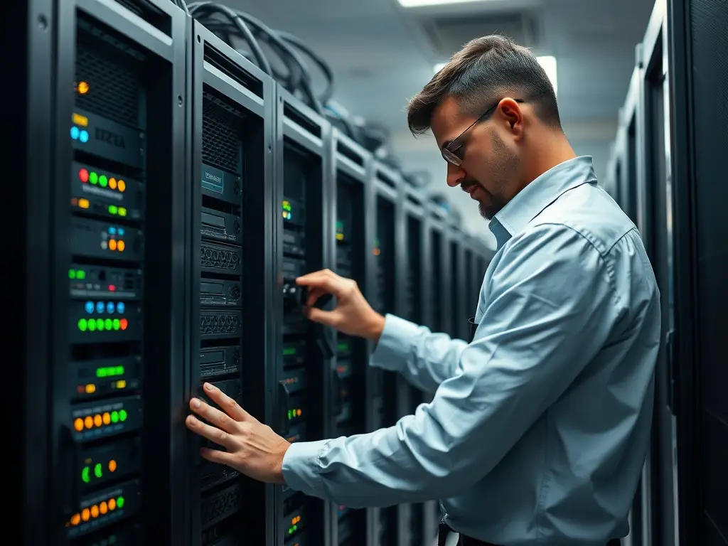 A professional IT technician configuring a hybrid phone system in a server room, emphasizing the blend of cloud and on-premise technology.