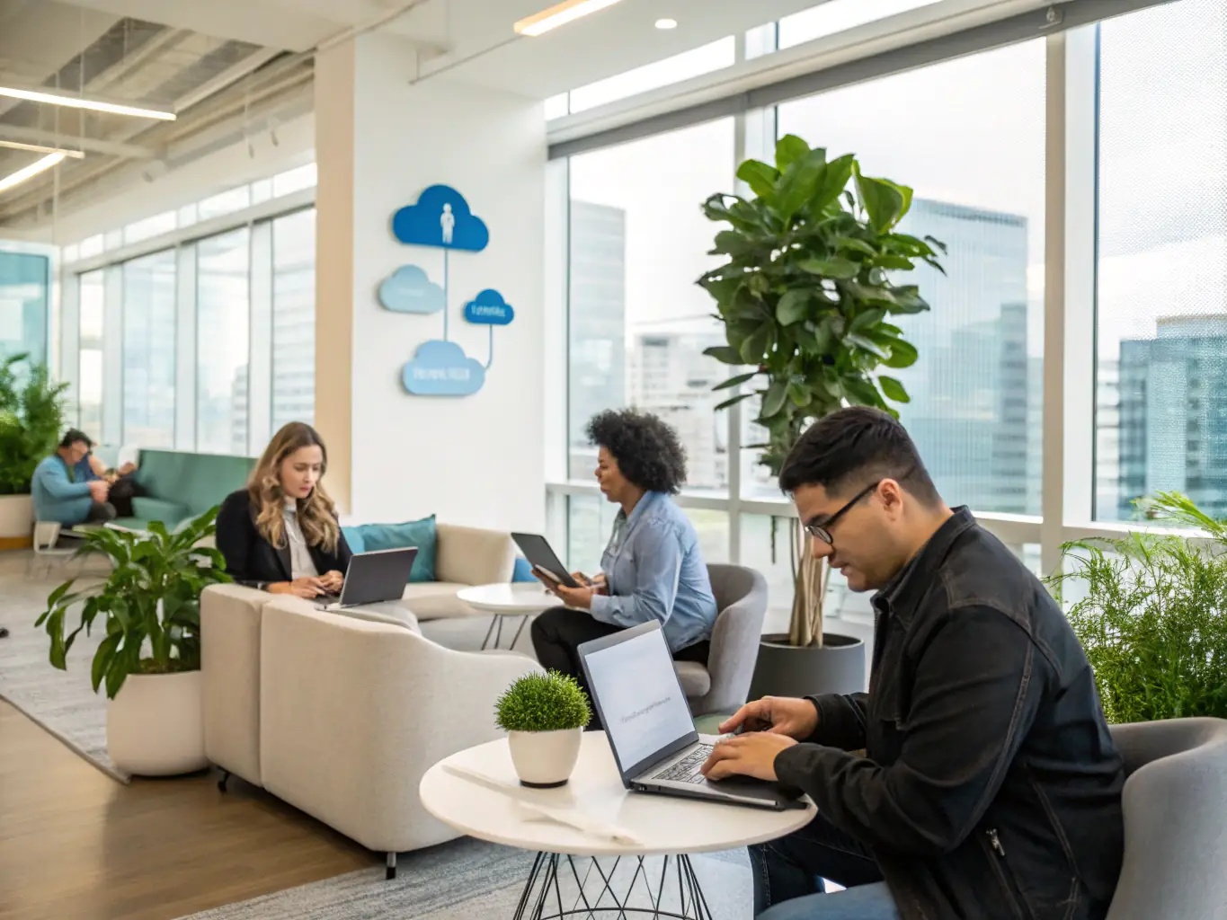 A modern office setting with employees collaborating, showcasing a sleek, new business phone system in use, highlighting its integration with computers and other devices.