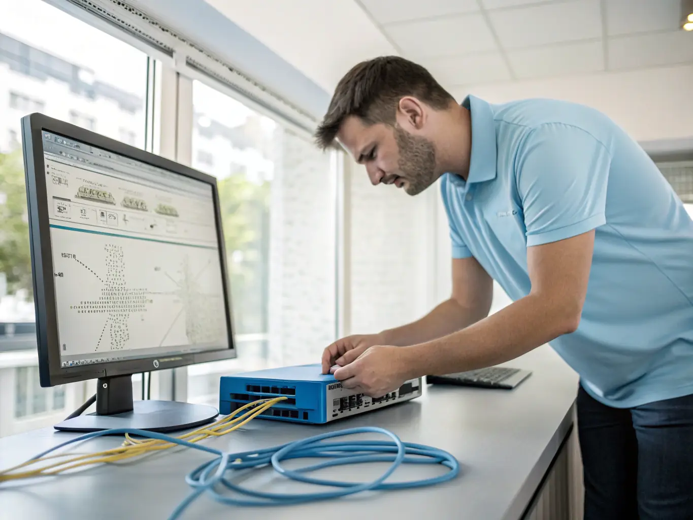 A professional technician is shown on-site, efficiently troubleshooting a complex phone system setup in a modern office environment, ensuring minimal downtime for the business.